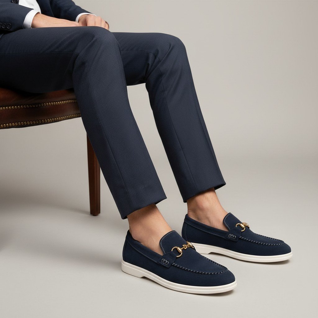 Handmade Classic Gold-Bit Loafer – Navy Blue - Image 3